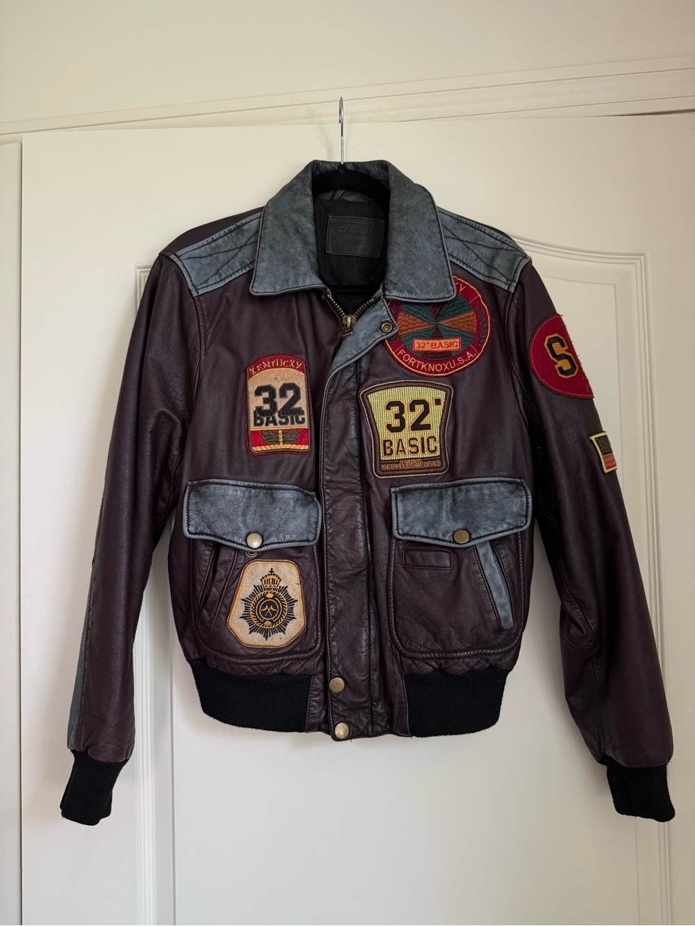 LF Maroon Leather Bomber Jacket with Gray Trim and Patch Details